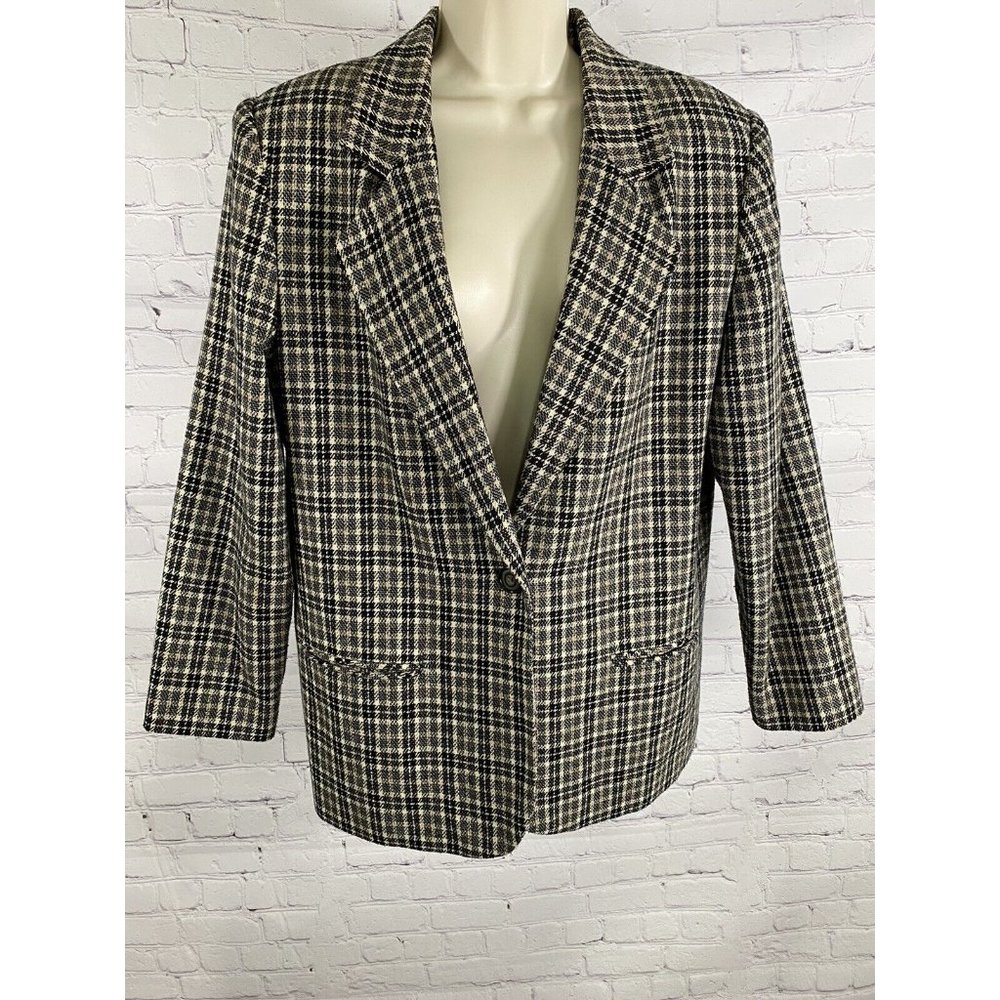 Sag Harbor Petite Plaid One Button Black Brown Wool Blend Coat Jacket Blazer 14P